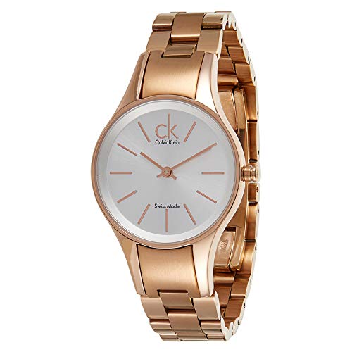 Side angle of Calvin Klein K4323520 women's quartz watch with rose gold-tone finish