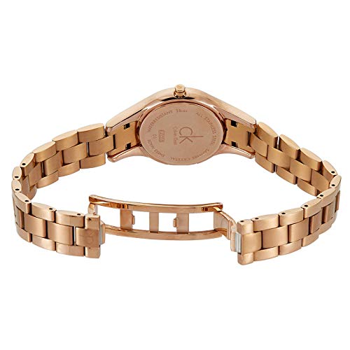 Caseback of Calvin Klein K4323520 showing rose gold-tone stainless steel with brand engraving