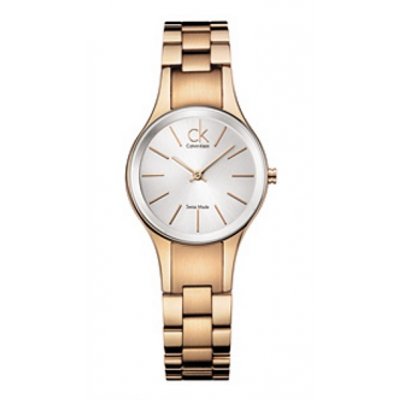 Front view of Calvin Klein K4323520 women's watch with white dial and rose gold-tone stainless steel