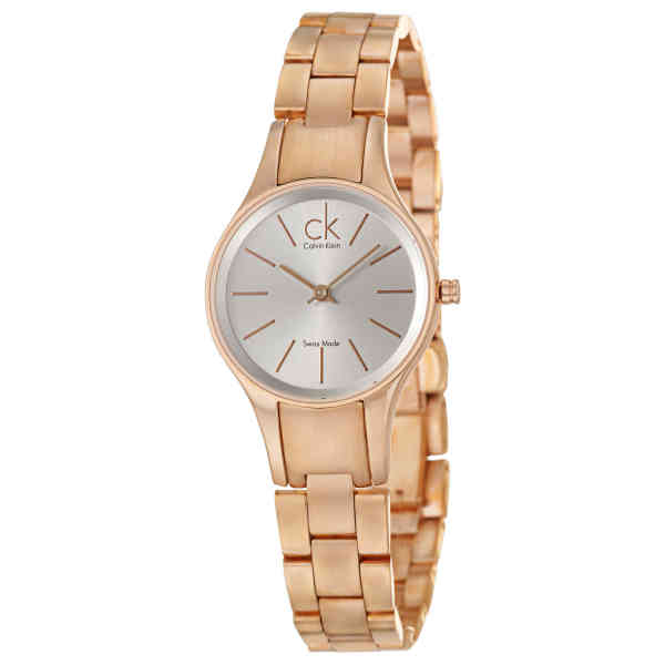 Side profile of Calvin Klein K4323520 showing slim rose gold-tone case and bracelet design