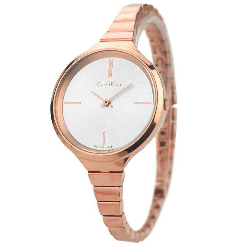 Calvin Klein Lively ladies watch side angle with rose gold case and link bracelet
