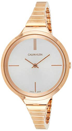 Calvin Klein Lively watch frontal view with rose gold bracelet and white dial