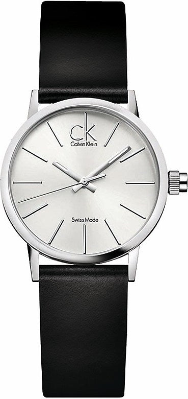 Calvin Klein K7622185 Post Minimal watch front view with minimalist silver dial