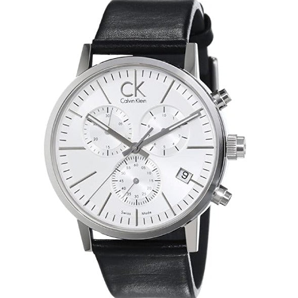 Calvin Klein K7627120 post minimal chronograph front view with three subdials