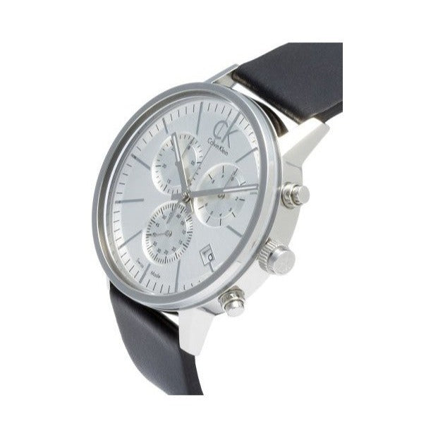 Calvin Klein K7627120 minimal chronograph at angle with black leather bracelet