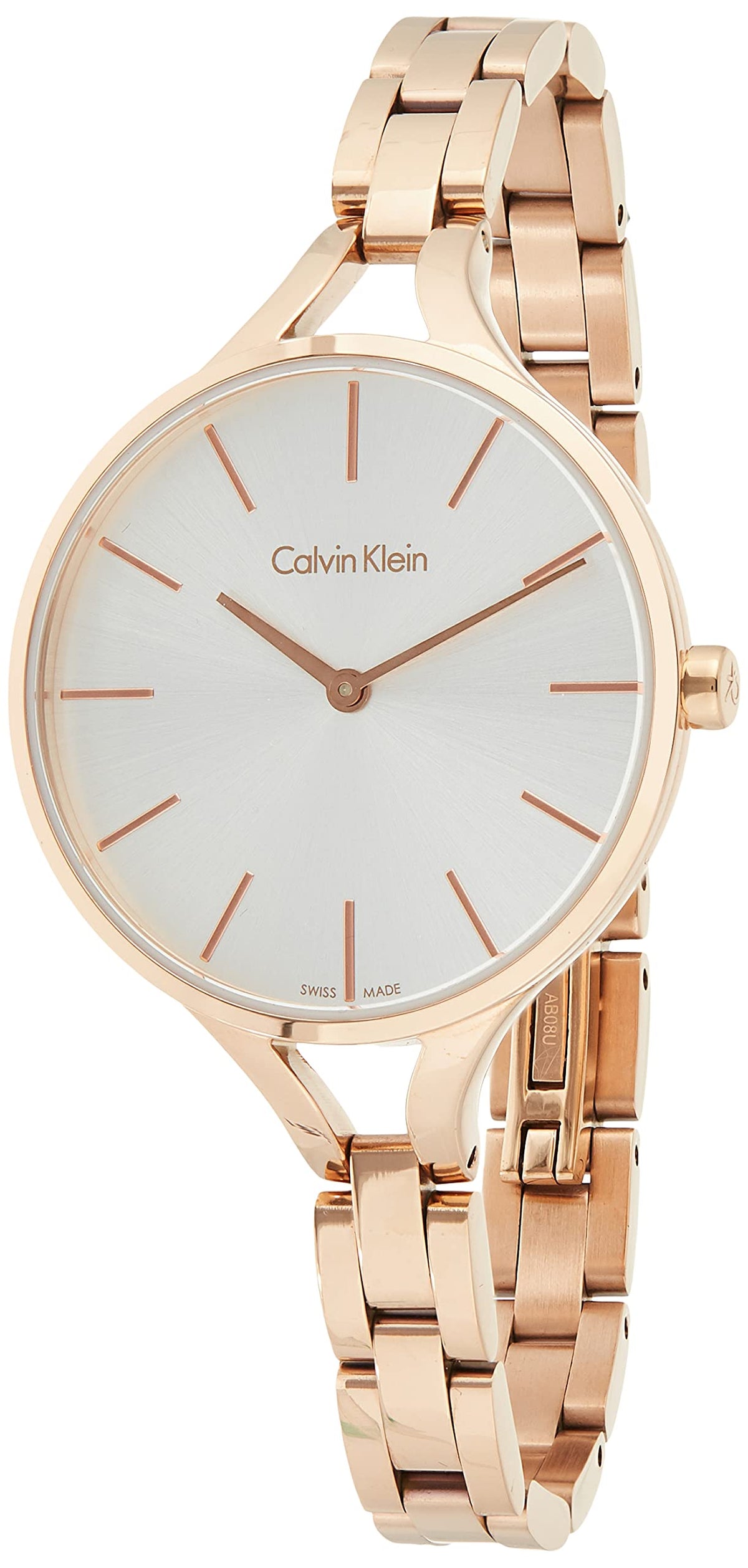 Side profile of Calvin Klein K7E23646 women's watch with rose gold steel strap