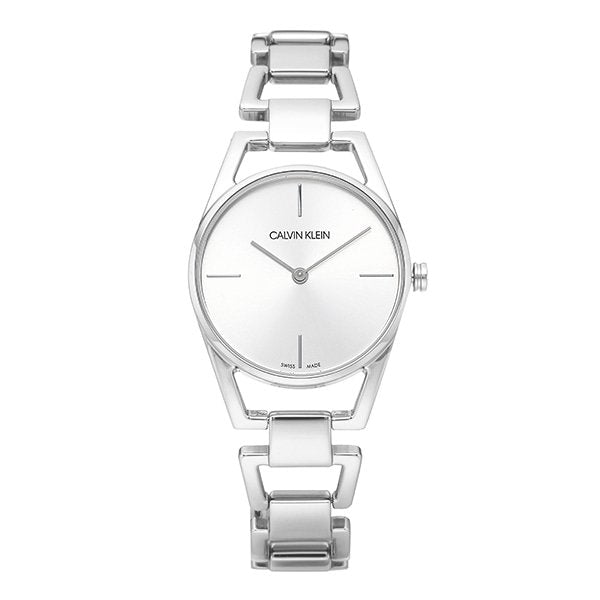 Front view of Calvin Klein Dainty watch featuring minimalist silver dial and steel bracelet
