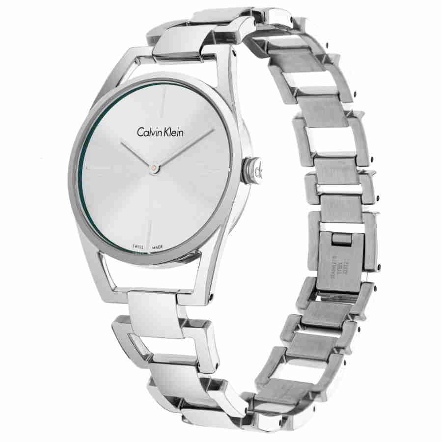 Calvin Klein Dainty watch worn on wrist showing silver dial and bracelet fit