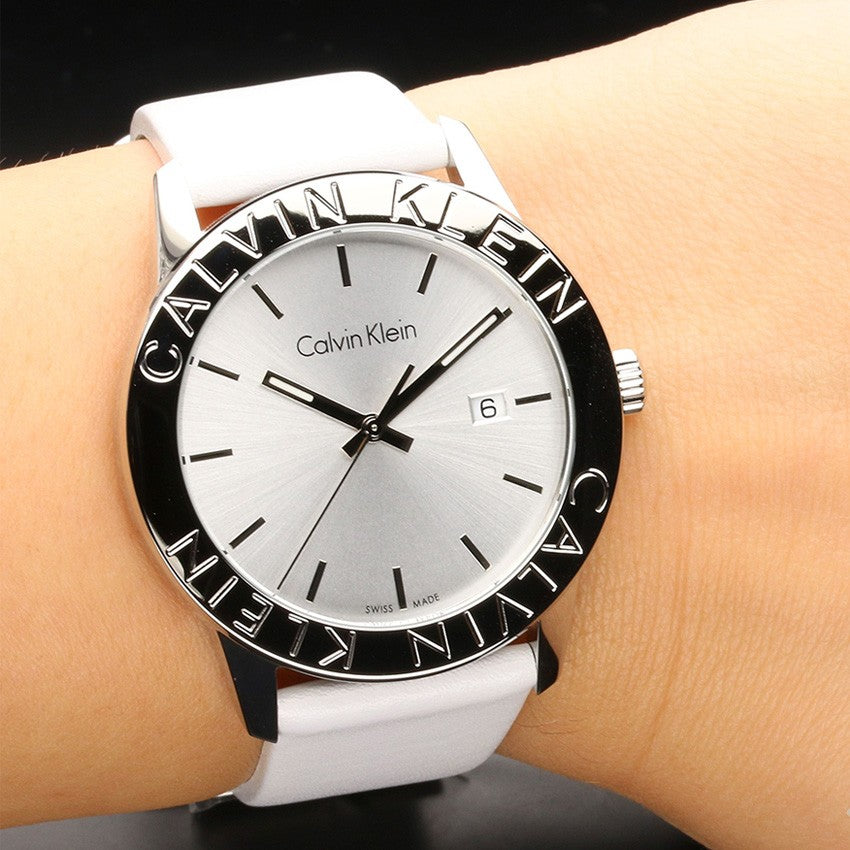 Calvin Klein K7Q211L6 watch on wrist showing white dial, date window, and minimalist indices