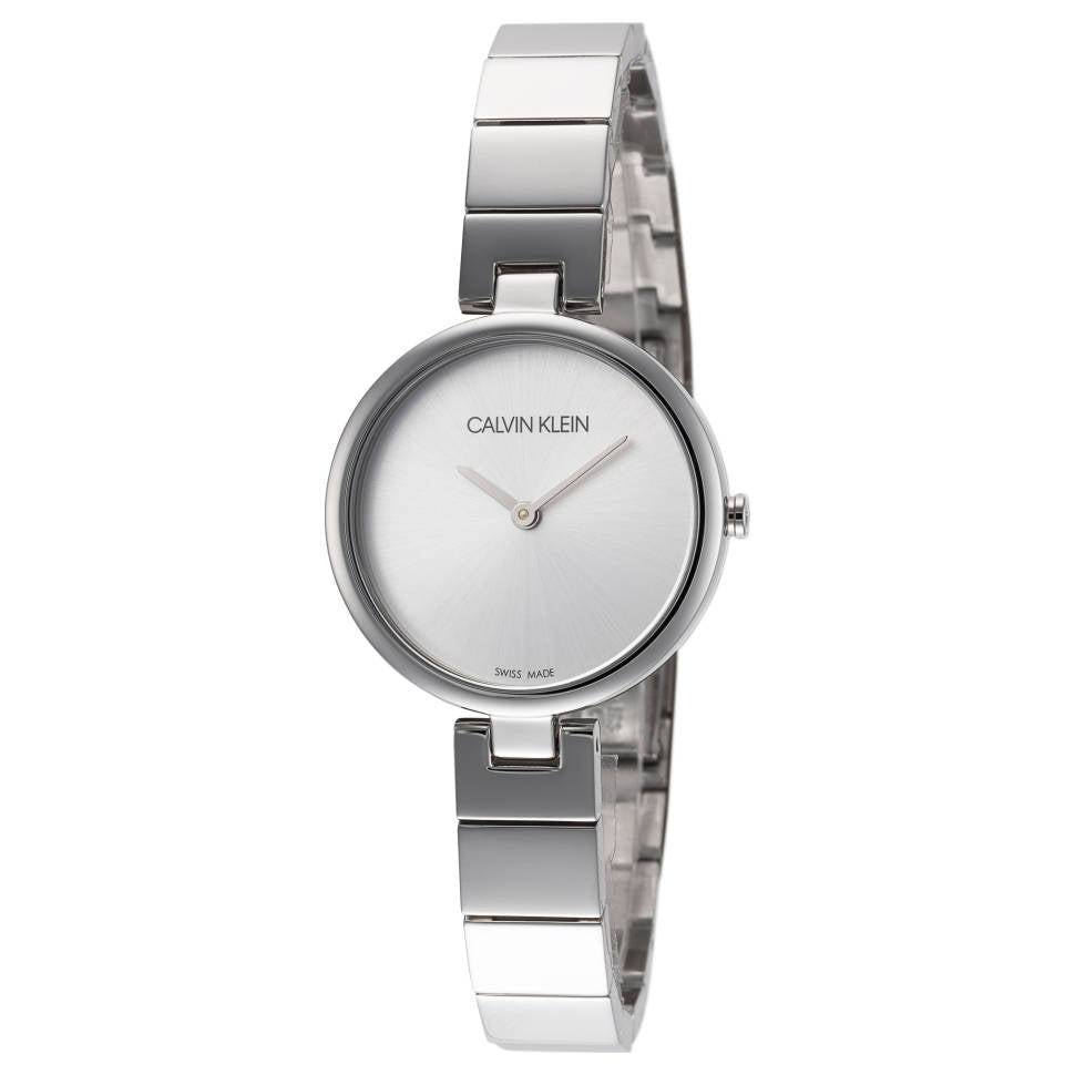 Calvin Klein K8G23146 watch angled view showing white dial and stainless steel mesh strap