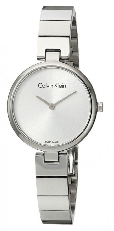 Calvin Klein women's watch with white dial and silver mesh bracelet, front view