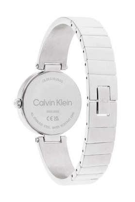 Side view of Calvin Klein women's watch showing caseback and mesh bracelet profile