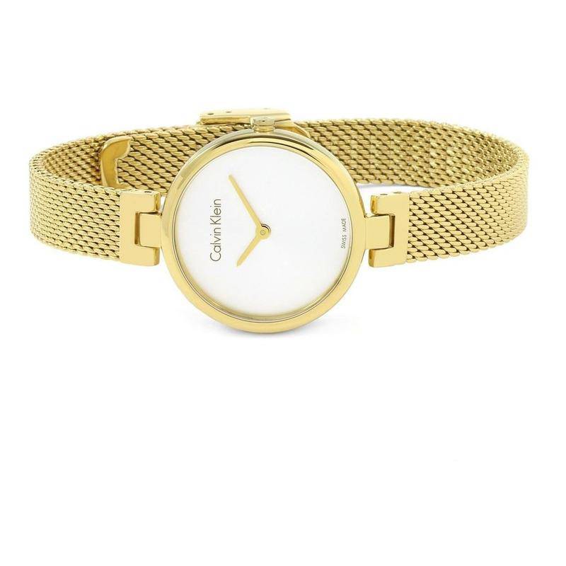 Calvin Klein K8G23526 ladies watch flat lay gold mesh strap design