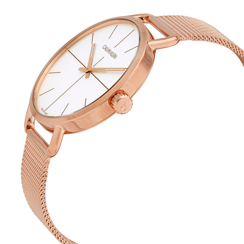 Side profile of Calvin Klein K8M21626 showing white dial and mesh strap