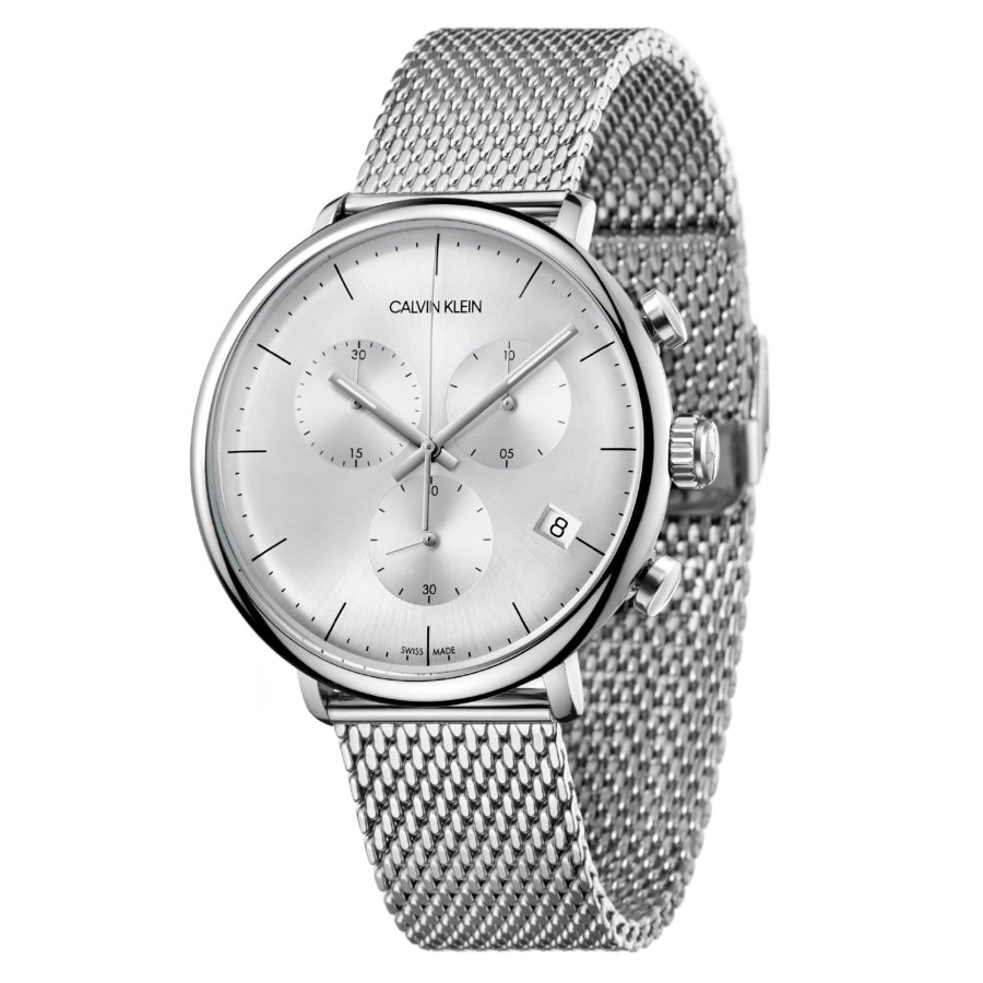 Calvin Klein High Noon K8M27126 chronograph with white dial and stainless steel mesh strap