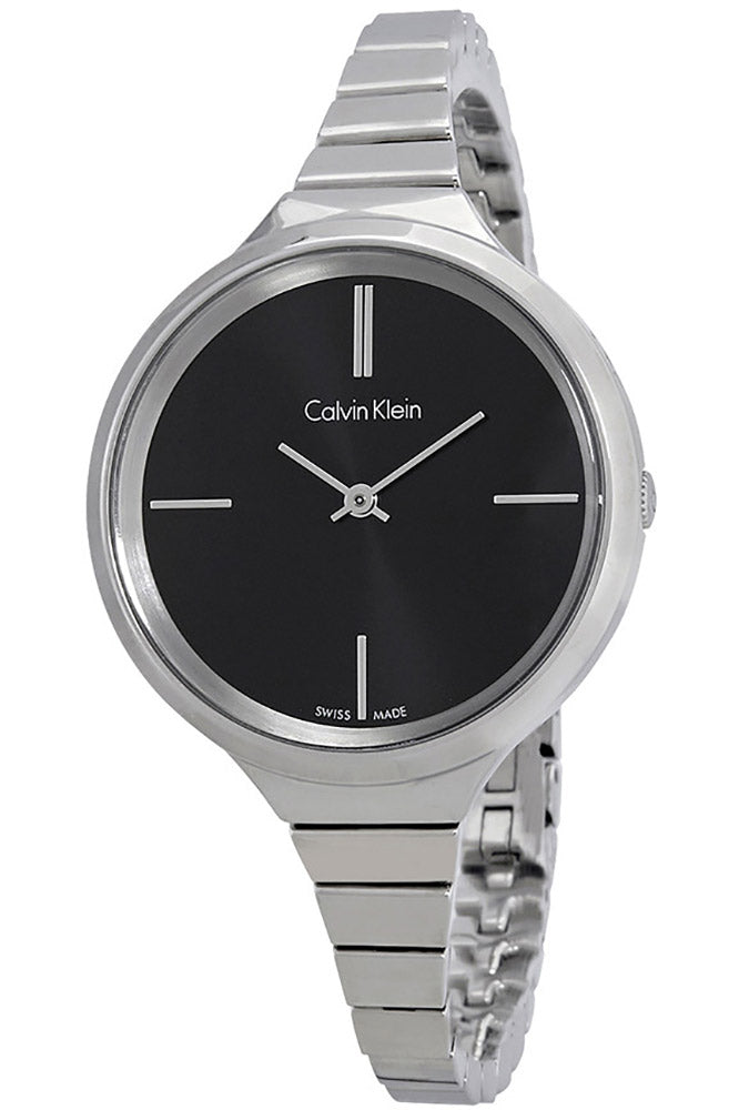 Calvin Klein Lively women's watch side angle showing black dial and silver bracelet