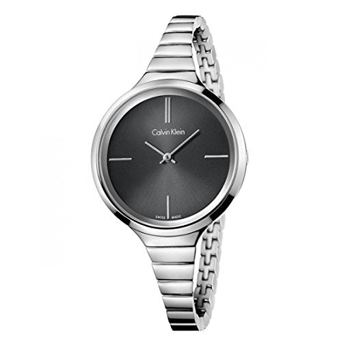 Calvin Klein Lively women's watch angle view with black dial and silver steel strap