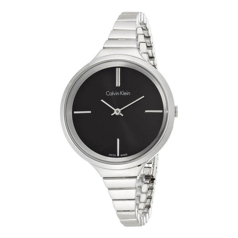 Calvin Klein Lively women's watch angle view with black dial and silver steel bracelet