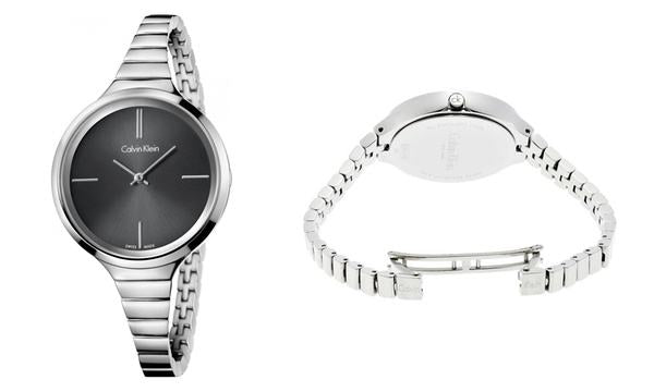 Calvin Klein Lively watch front and caseback views showing silver steel construction