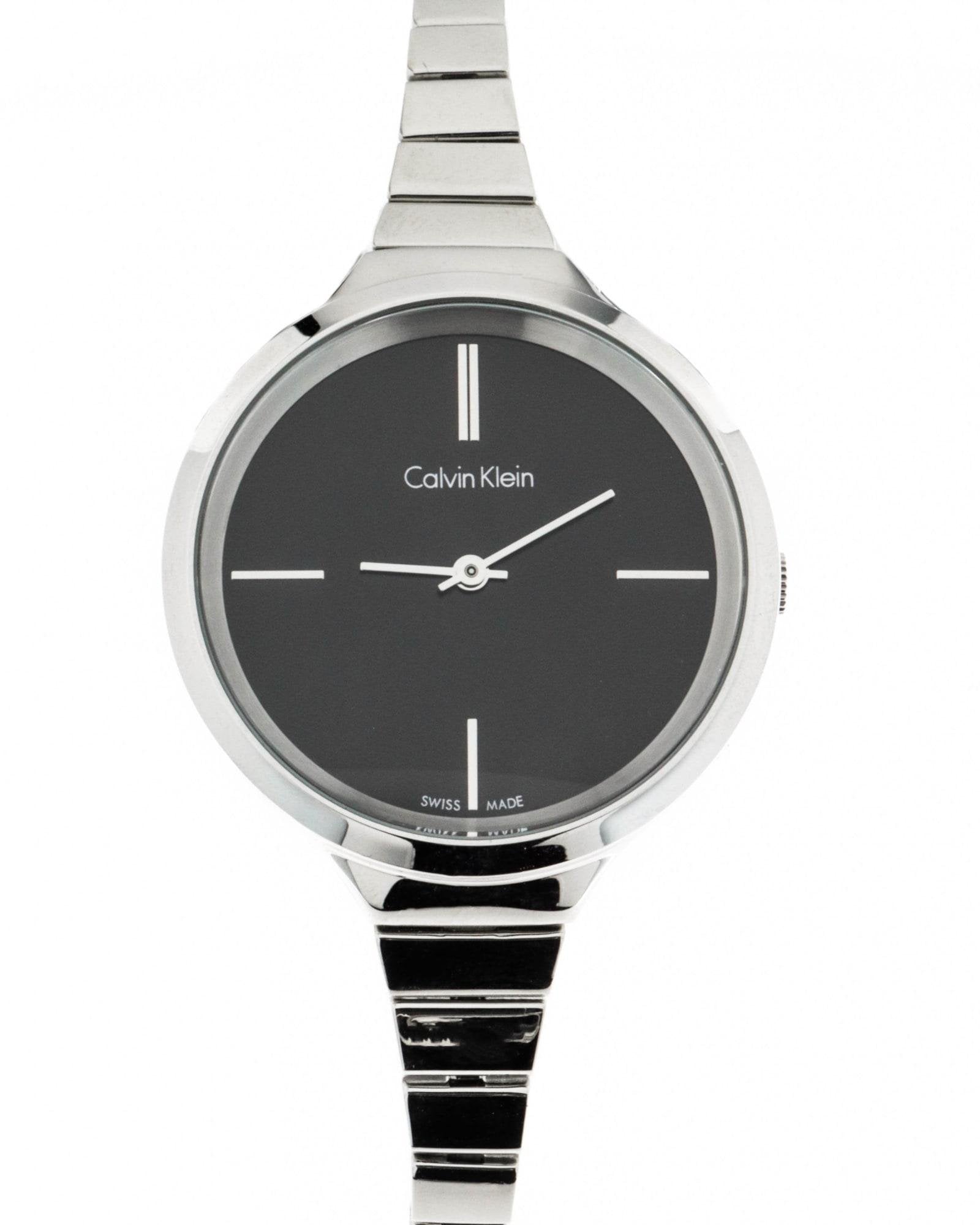 Calvin Klein Lively watch front view showing black dial with silver hour markers
