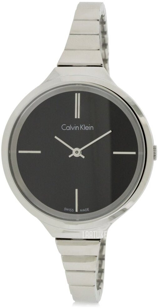 Calvin Klein Lively women's watch side profile with tapered silver steel bracelet