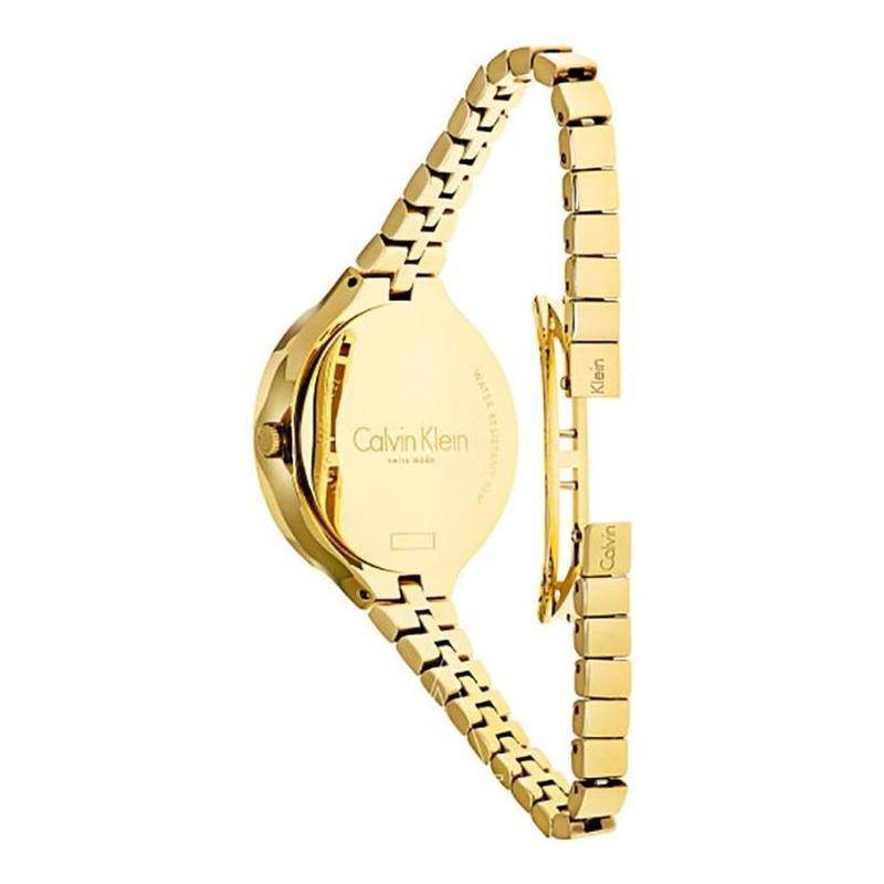 Caseback view of Calvin Klein Lively K4U23526 showing gold-tone case back and bracelet