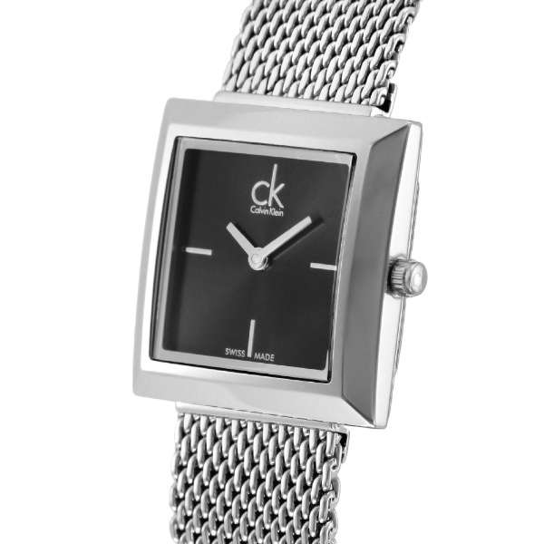 Calvin Klein Mark watch at angle displaying square case and silver mesh band
