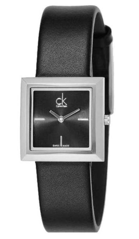 Calvin Klein Mark women's watch with black dial, square silver case, and black leather strap