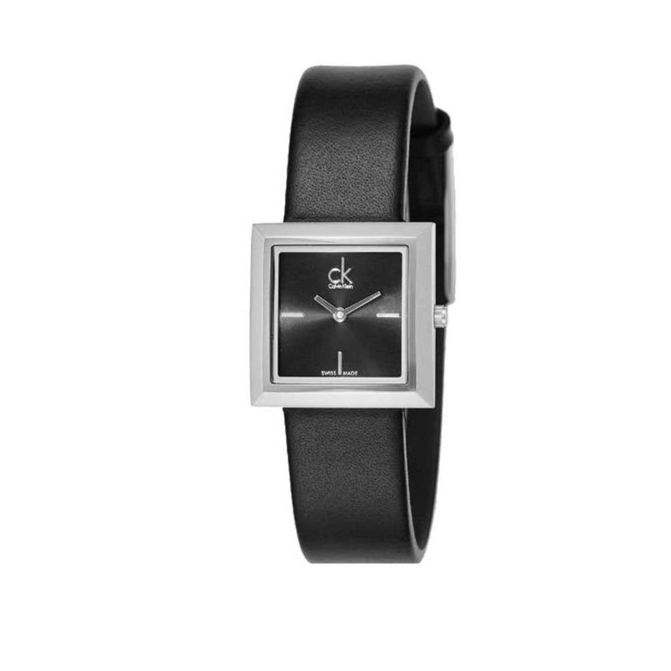 Calvin Klein Mark women's watch front view with black dial and square stainless steel case