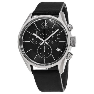 Side view of Calvin Klein Masculine chronograph watch with black leather strap
