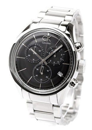 Calvin Klein Masculine chronograph watch angled view with silver steel strap