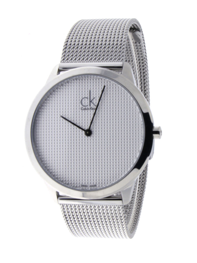 Calvin Klein Minimal men's watch on wrist showing case and bracelet detail