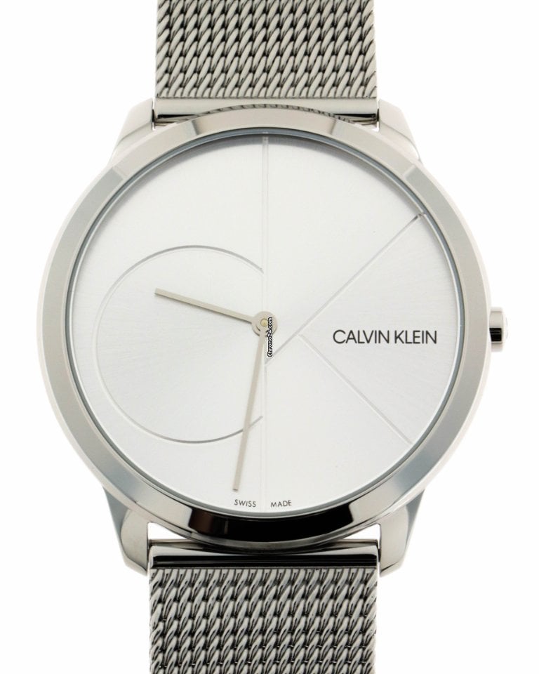 Calvin Klein Minimal watch at angle highlighting minimalist dial design and metal mesh strap
