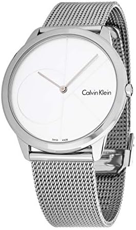 Calvin Klein Minimal watch worn on wrist, displaying clean silver dial with geometric elements