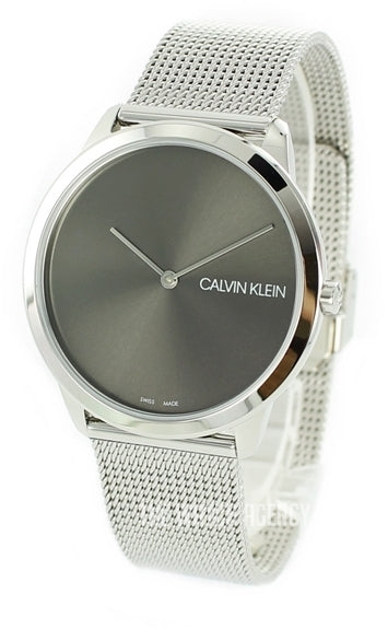 Calvin Klein Minimal watch angled view showing black dial and mesh bracelet