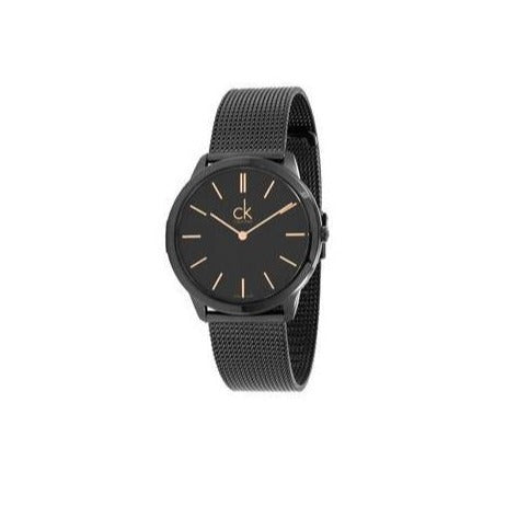 Calvin Klein Minimal watch angled view showcasing case and mesh strap