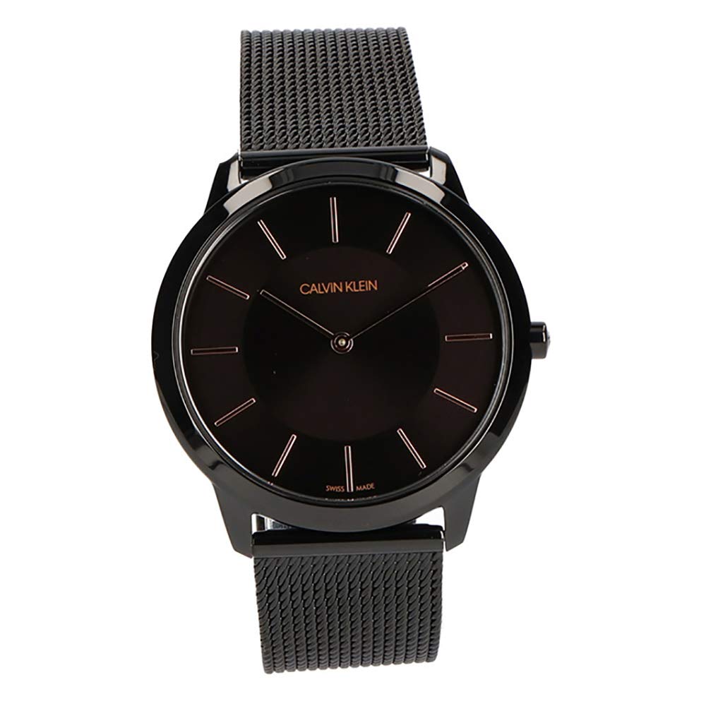 Calvin Klein Minimal watch front view with black mesh band and round case