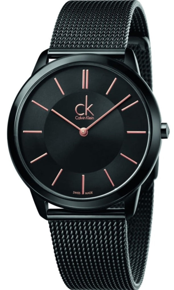 Calvin Klein Minimal black quartz men's watch with mesh strap on wrist