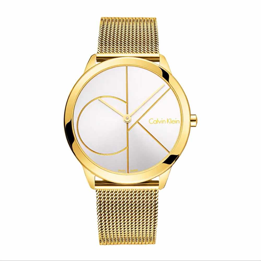 Calvin Klein Minimal 40mm quartz watch with white dial, geometric design, gold case and mesh bracelet