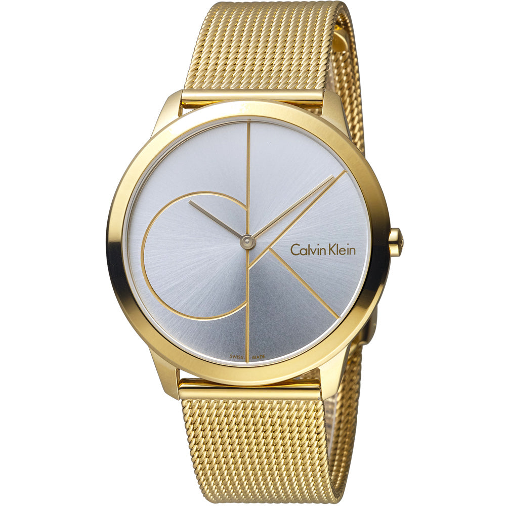 Calvin Klein Minimal 40mm watch face with white dial, geometric circle and line design, gold hands and indices