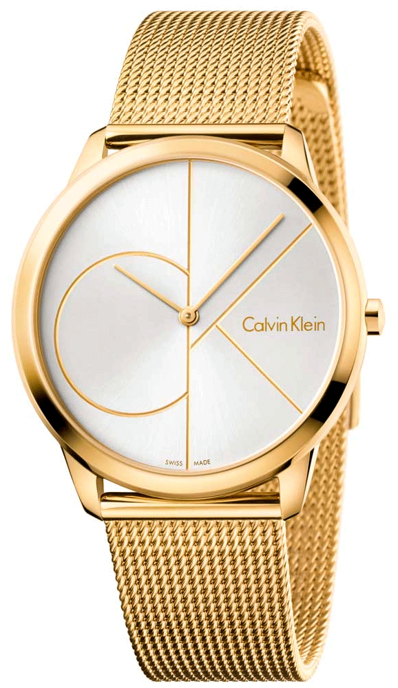 Calvin Klein Minimal 40mm quartz watch with gold steel case, white dial with geometric design, gold mesh bracelet