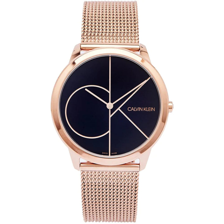 Calvin Klein Minimal K3M21621 watch at three-quarter angle showing rose gold case and mesh band