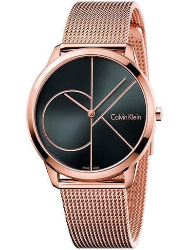 Calvin Klein Minimal K3M21621 watch worn on wrist, displaying black dial with rose gold accents