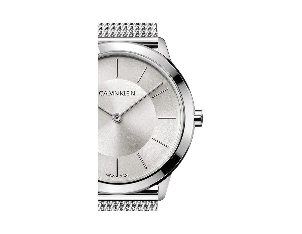 Calvin Klein Minimal K3M22126 side profile showing stainless steel case and mesh strap