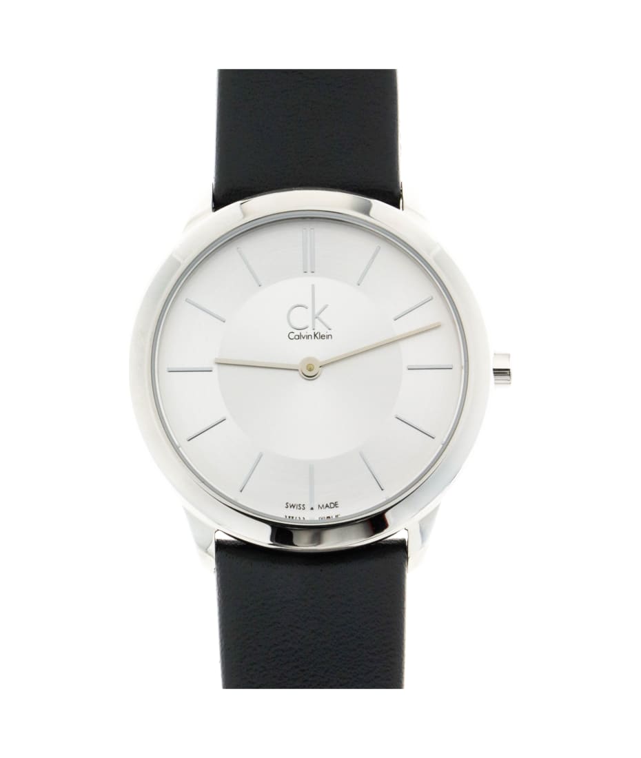 Calvin Klein Minimal 35mm watch front view, silver dial with minimalist markers and black strap