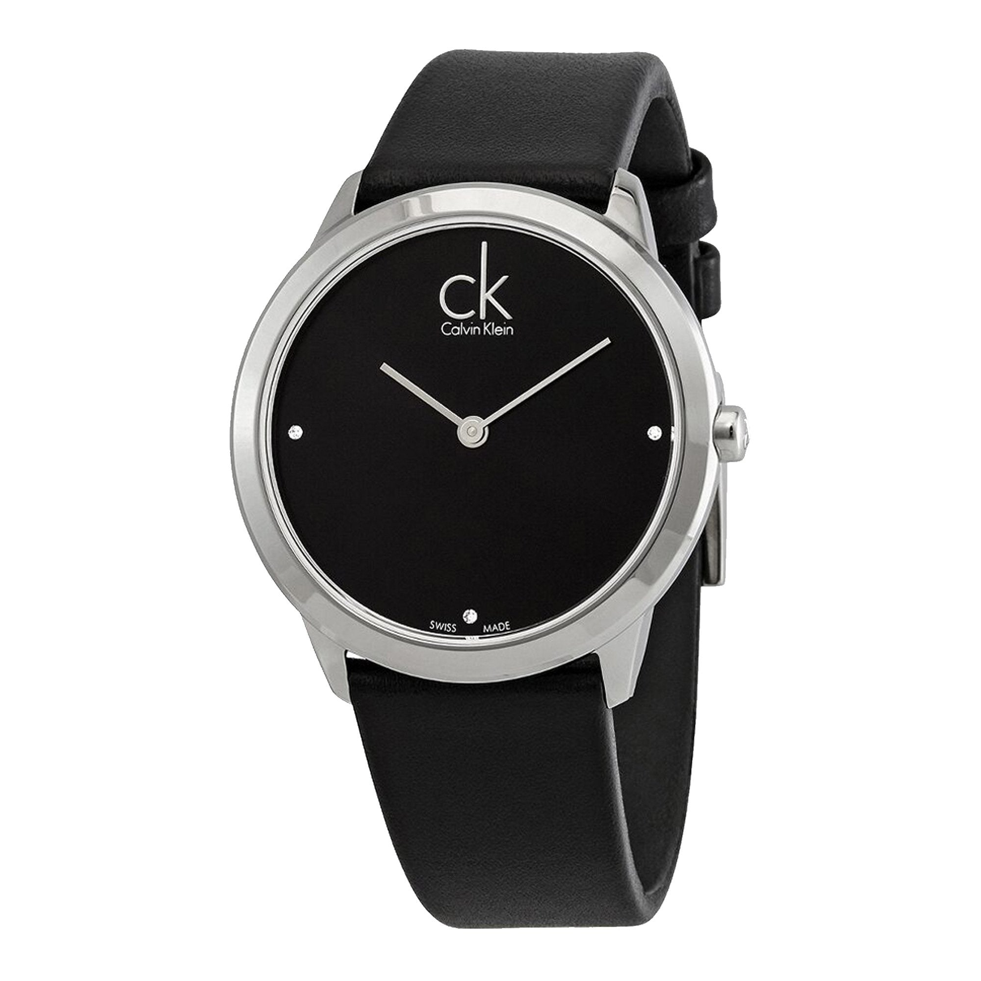 Calvin Klein Minimal K3M221CS watch angled view showing stainless steel case and black leather strap