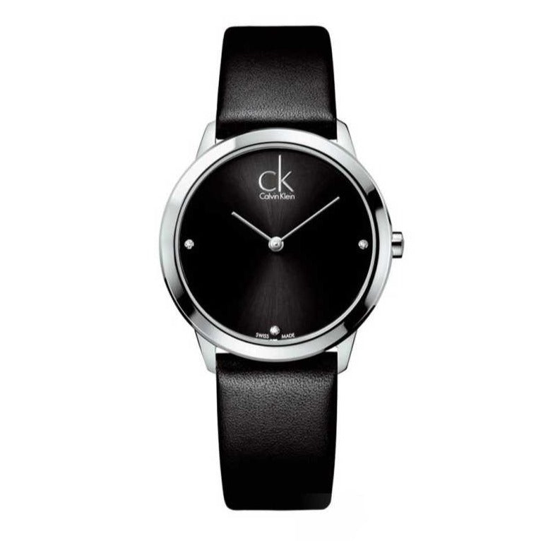 Calvin Klein Minimal K3M221CS watch front view with minimalist black dial and silver hands