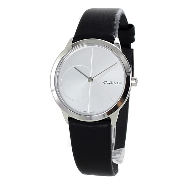 Angled view of Calvin Klein Minimal K3M221CY watch showing silver dial and black leather strap
