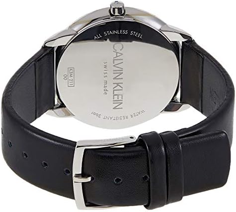 Caseback of Calvin Klein Minimal K3M221CY showing stainless steel case with brand text and black strap