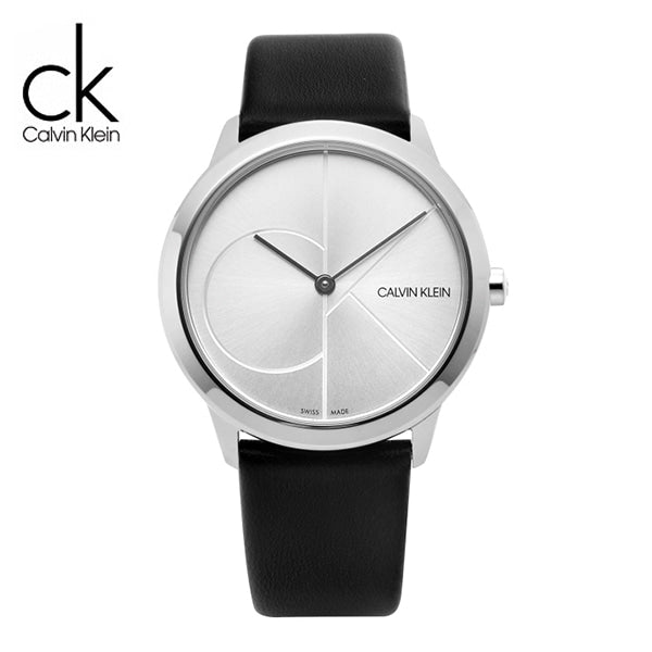 Calvin Klein Minimal K3M221CY watch front view with geometric dial design and silver hands